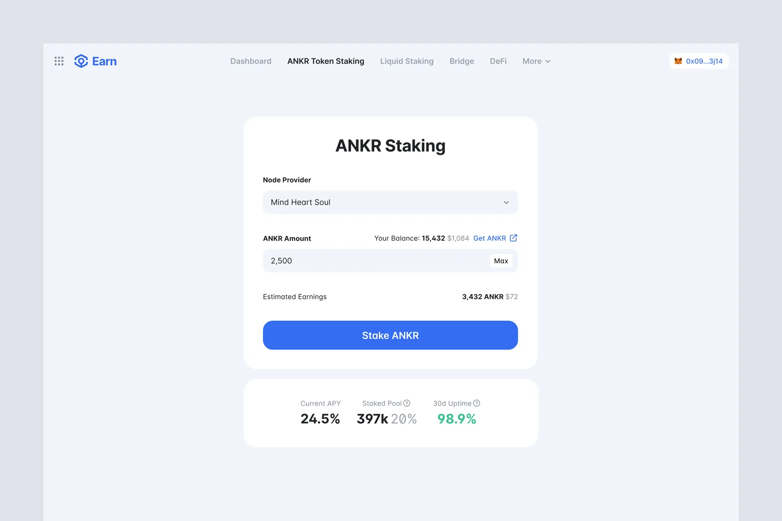 Ankr staking product screens.