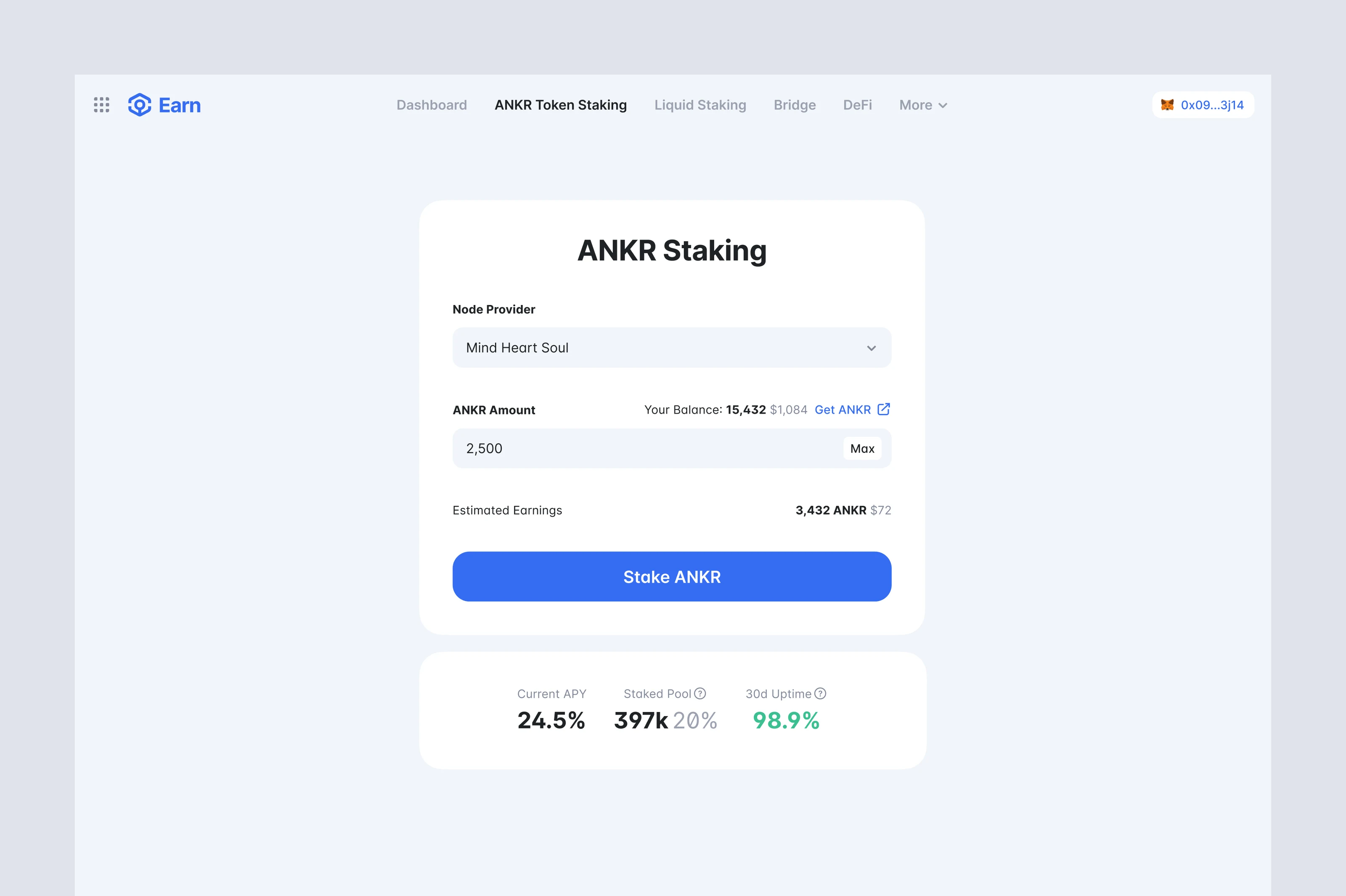 Ankr staking product screens.