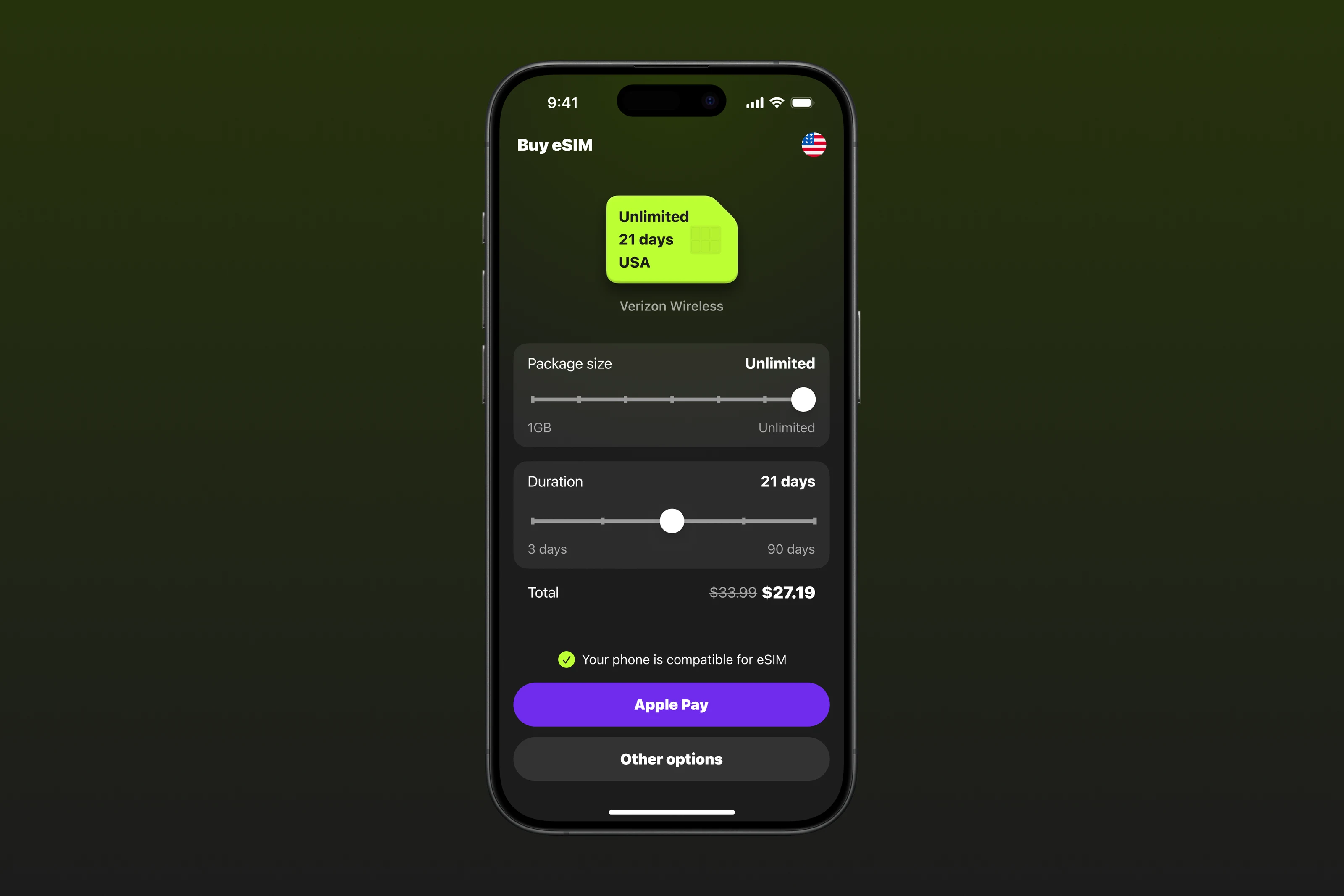 Mobile eSIM purchase flow.