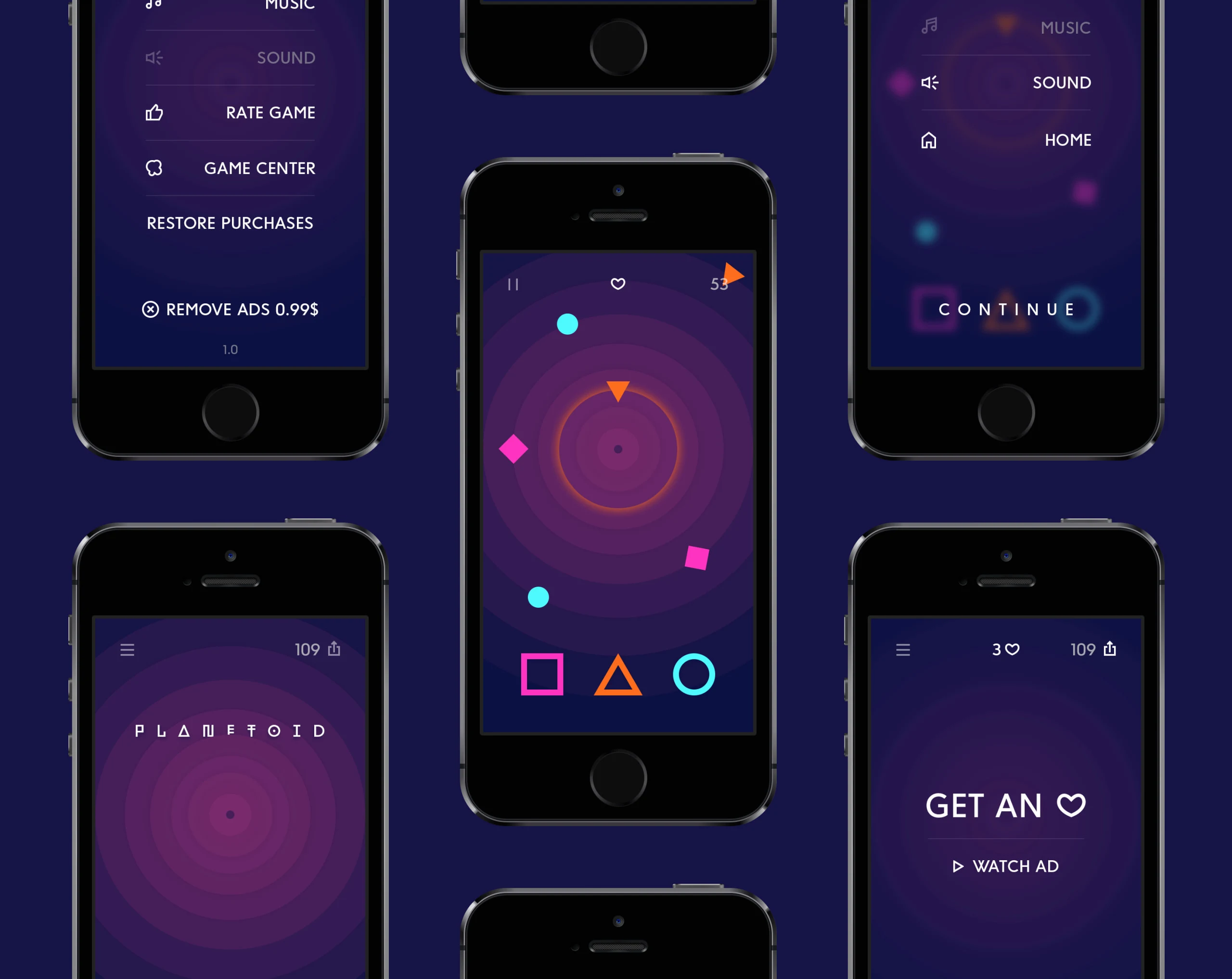 Planetoid mobile game screens.
