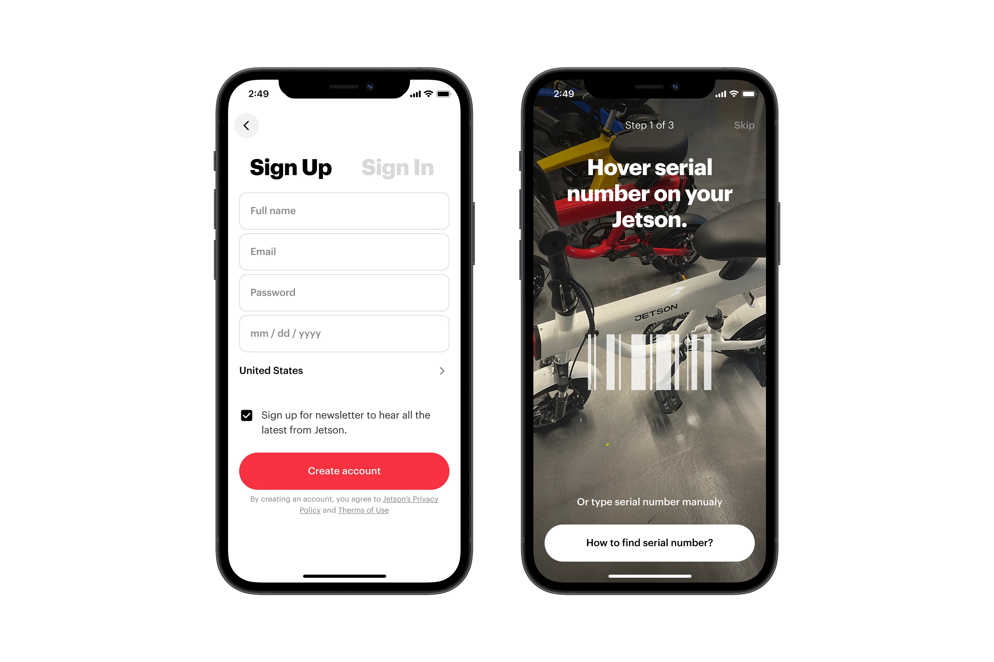 Jetson app sign-up and product registration.