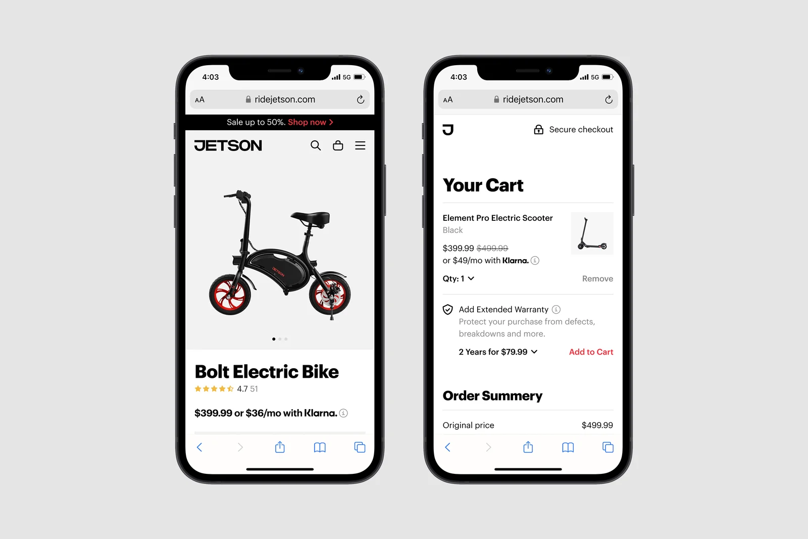 Jetson mobile product and cart pages.