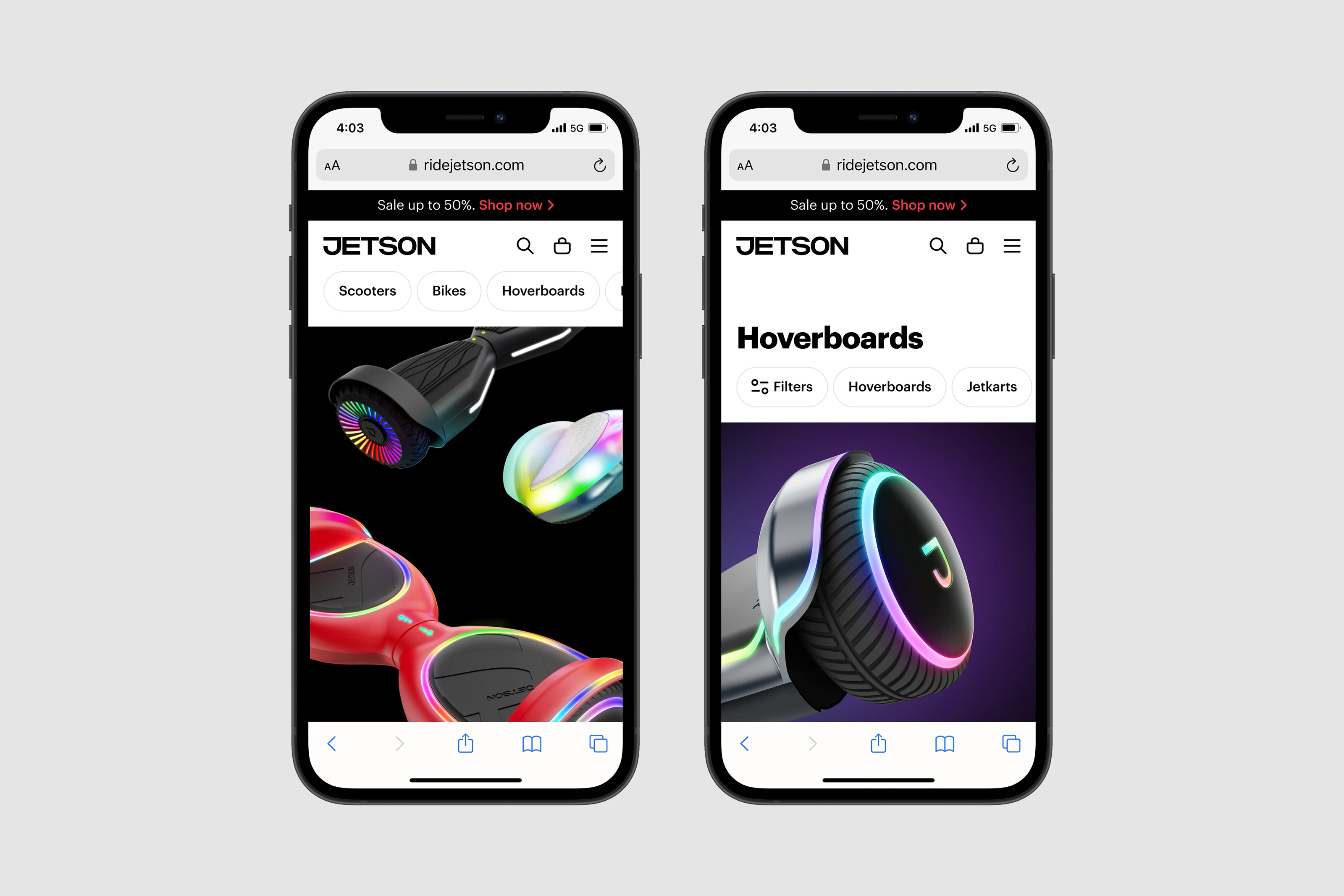 Jetson mobile home and collection pages.