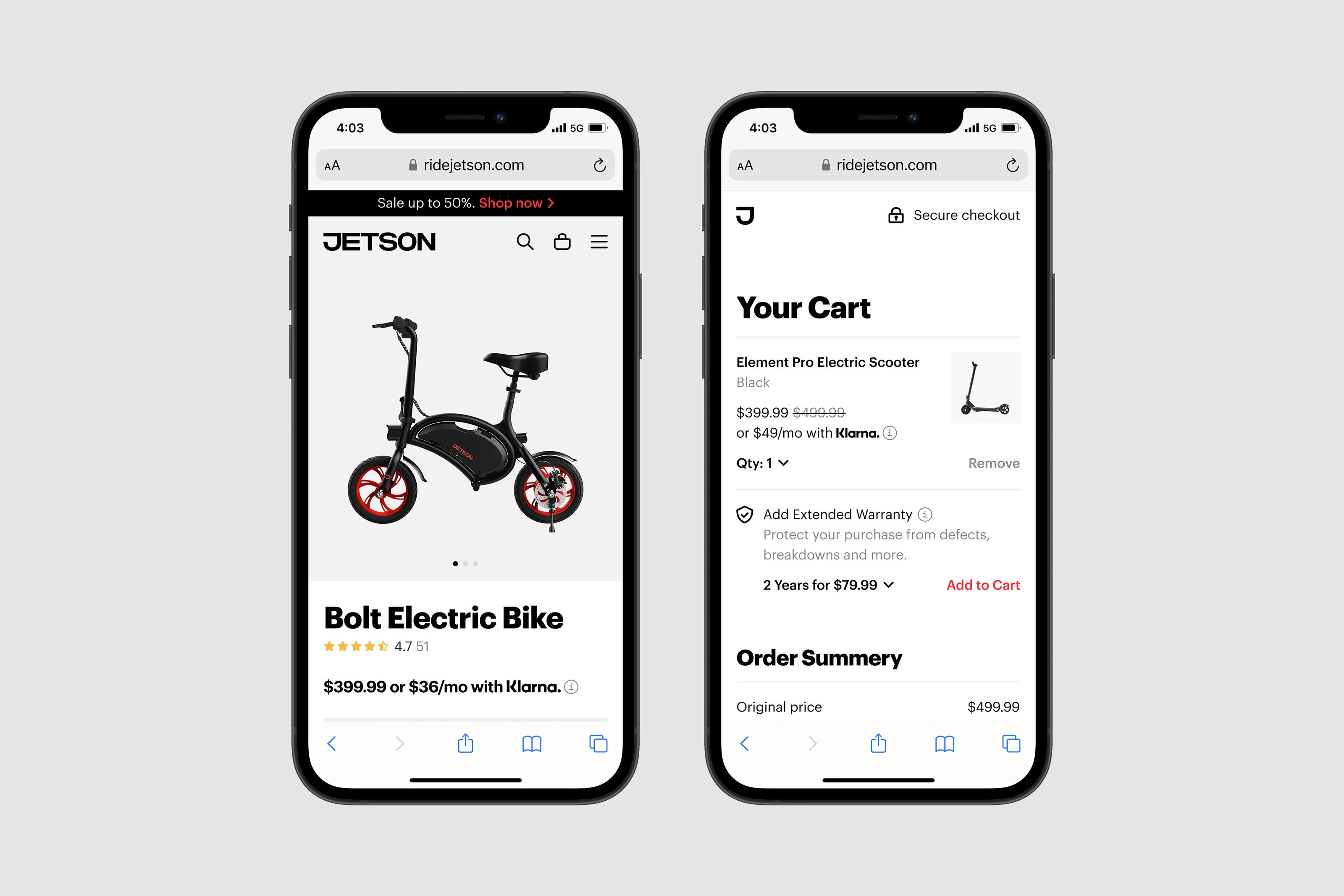 Jetson mobile product and cart pages.