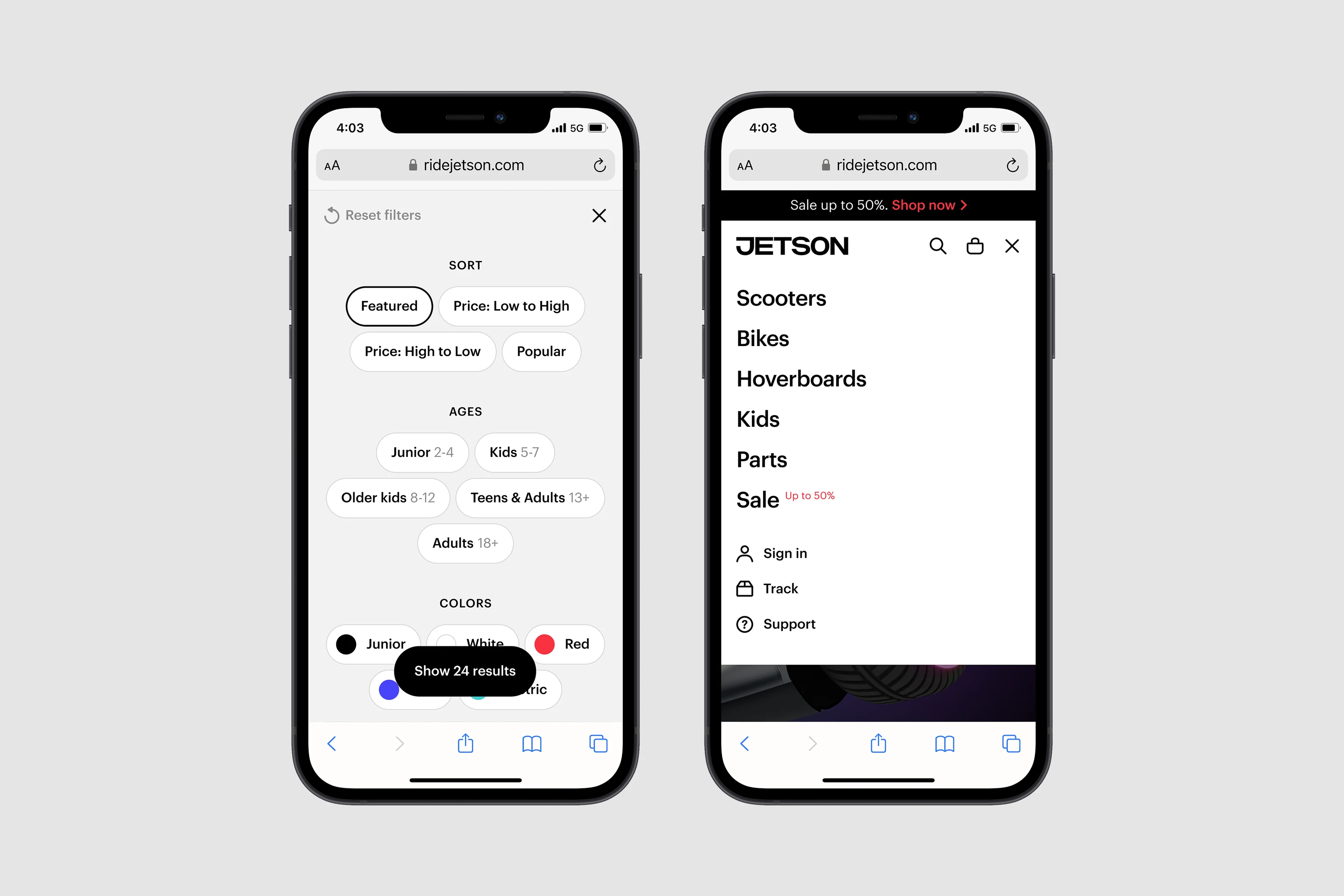 Jetson mobile product filters and navigation.