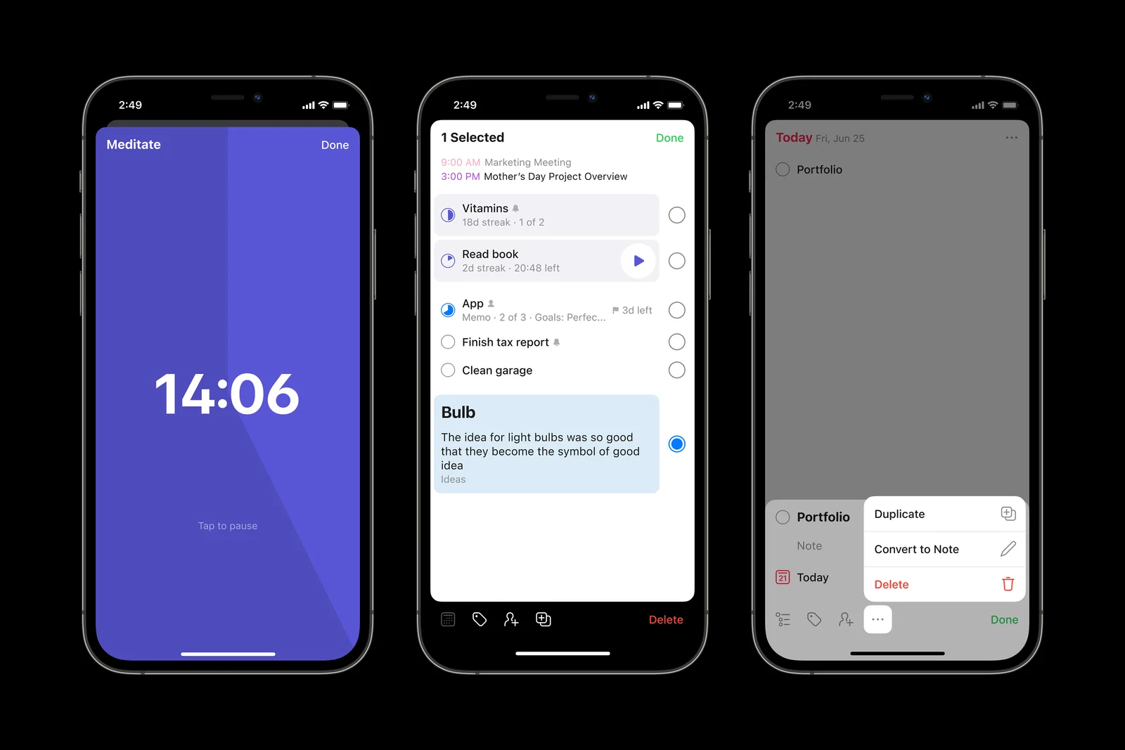 Memo focus timer and task details.