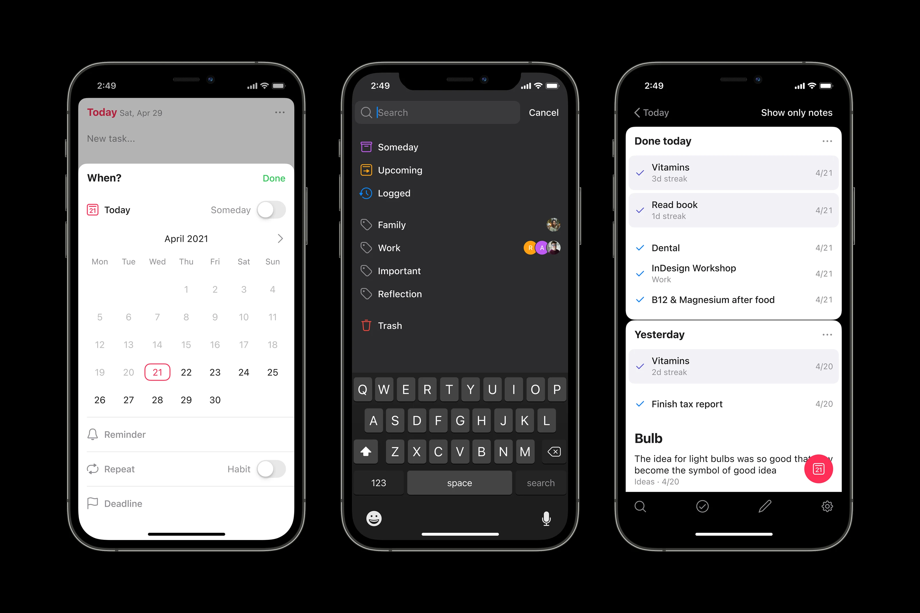 Memo calendar, editor, and reminders.