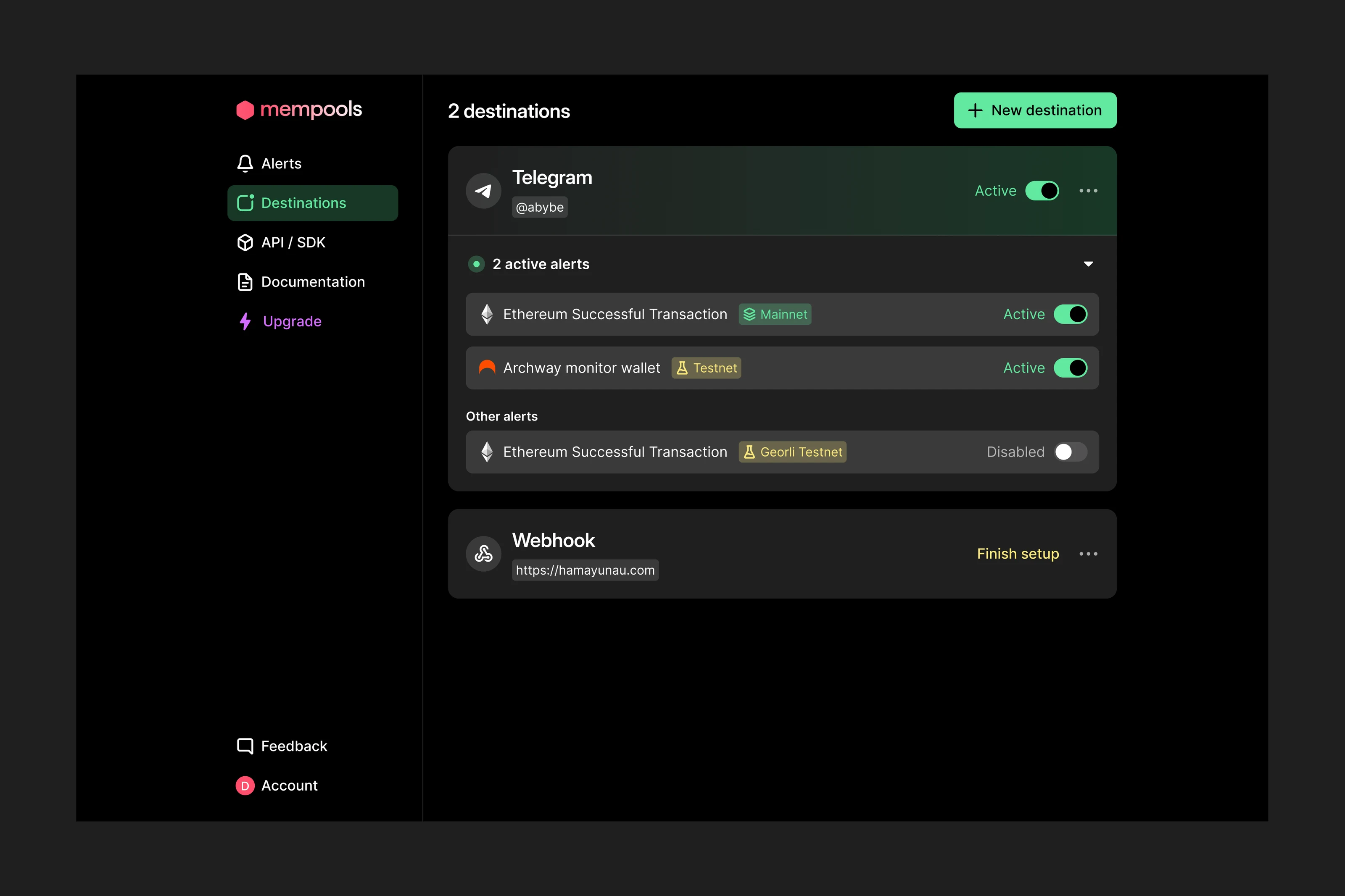 Mempools event and destination settings.