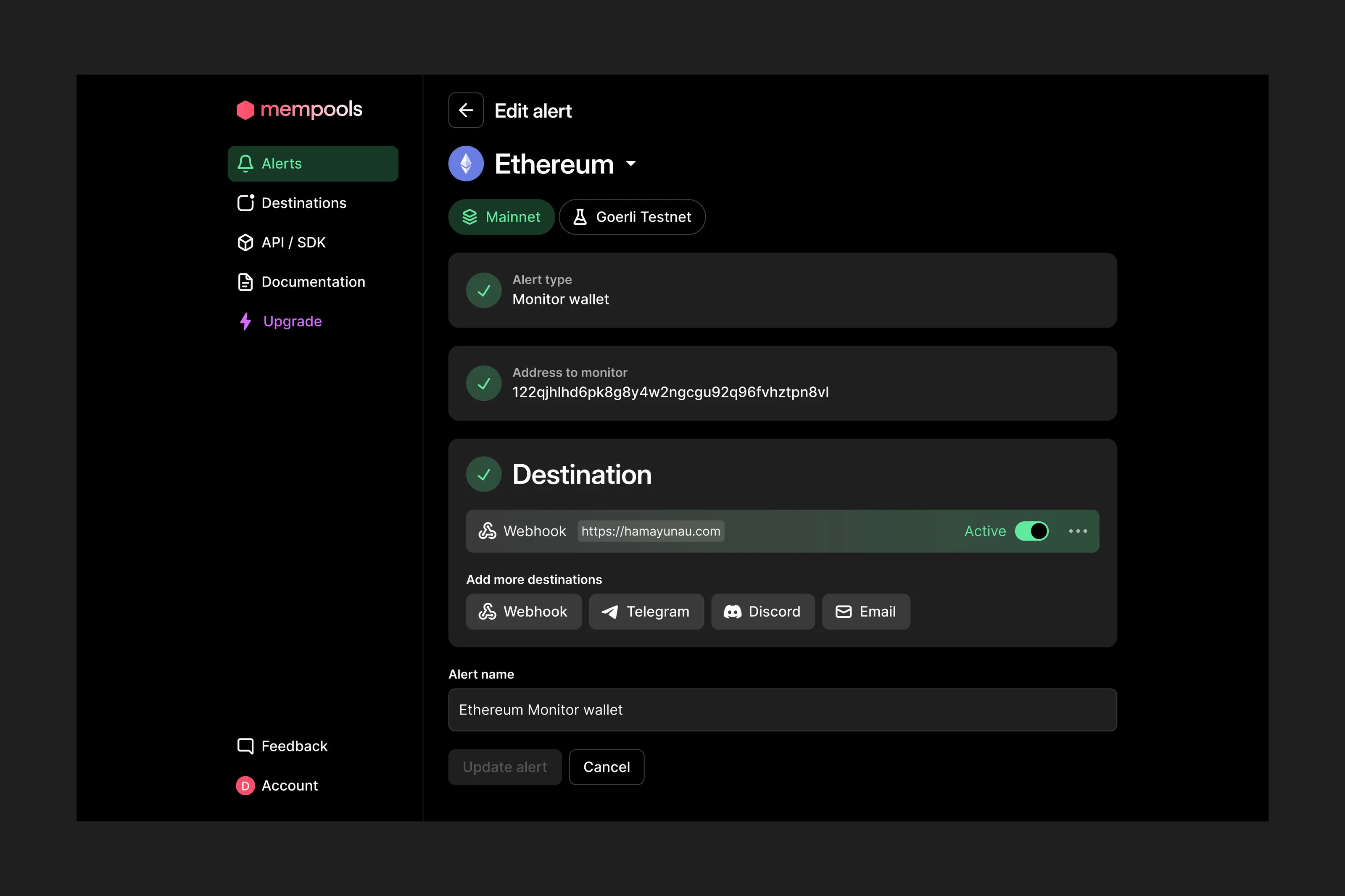 Mempools alert creation flow.
